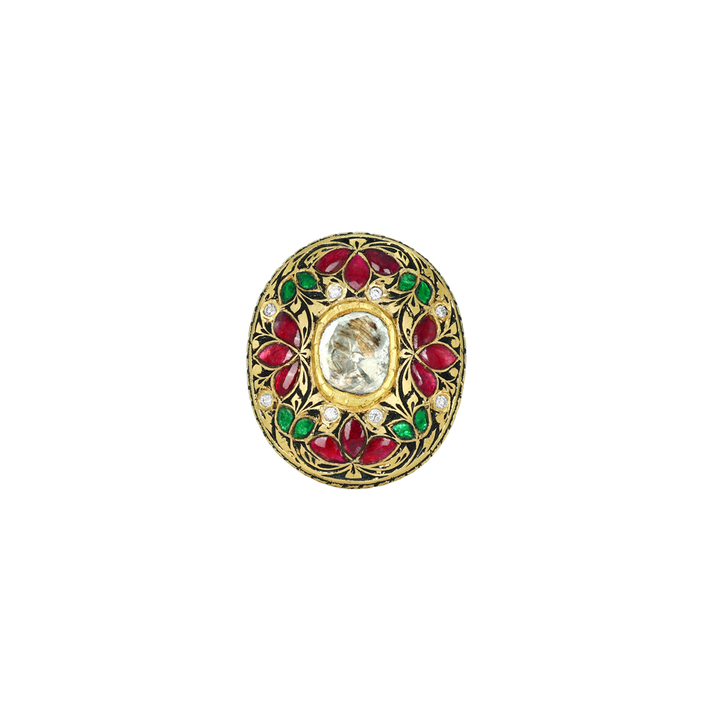 Polki Ring with Red and Green Talaf Floral Design